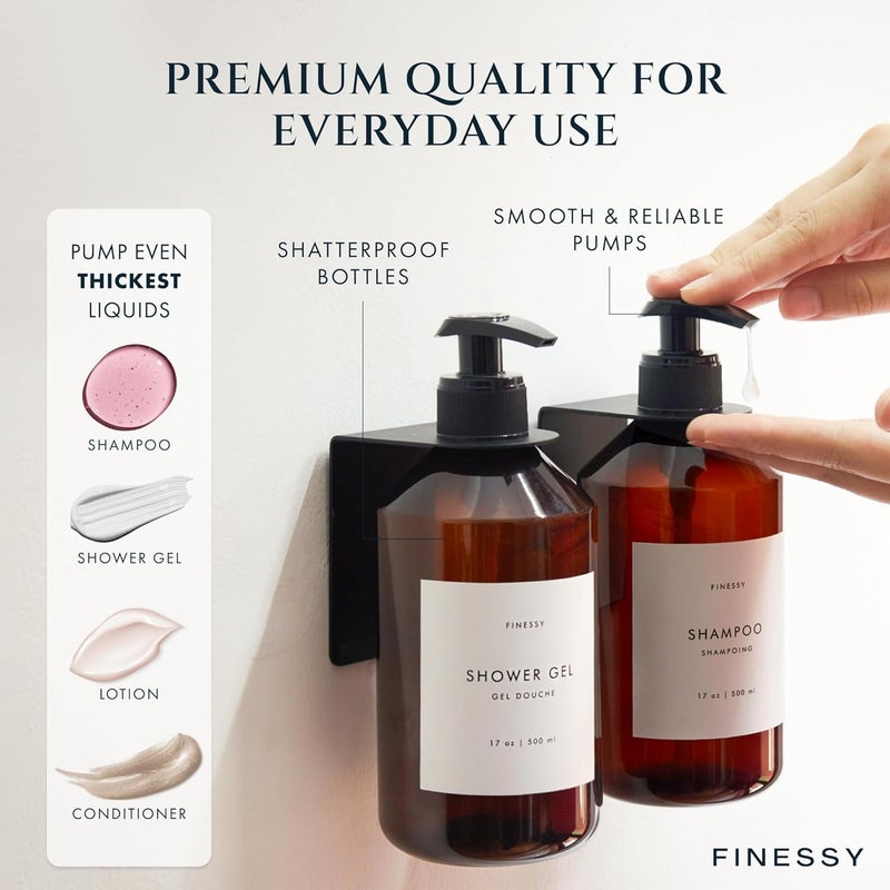 FINESSY زجاجات حائط قابلة لإعادة التعبئة للشامبو والبلسم مع مضخة، موزع صابون لغسل الجسم والشامبو لجدار الدش 3 غرف بدون حفر، زجاجات دش قابلة لإعادة التعبئة مع ملصقات - Image 4